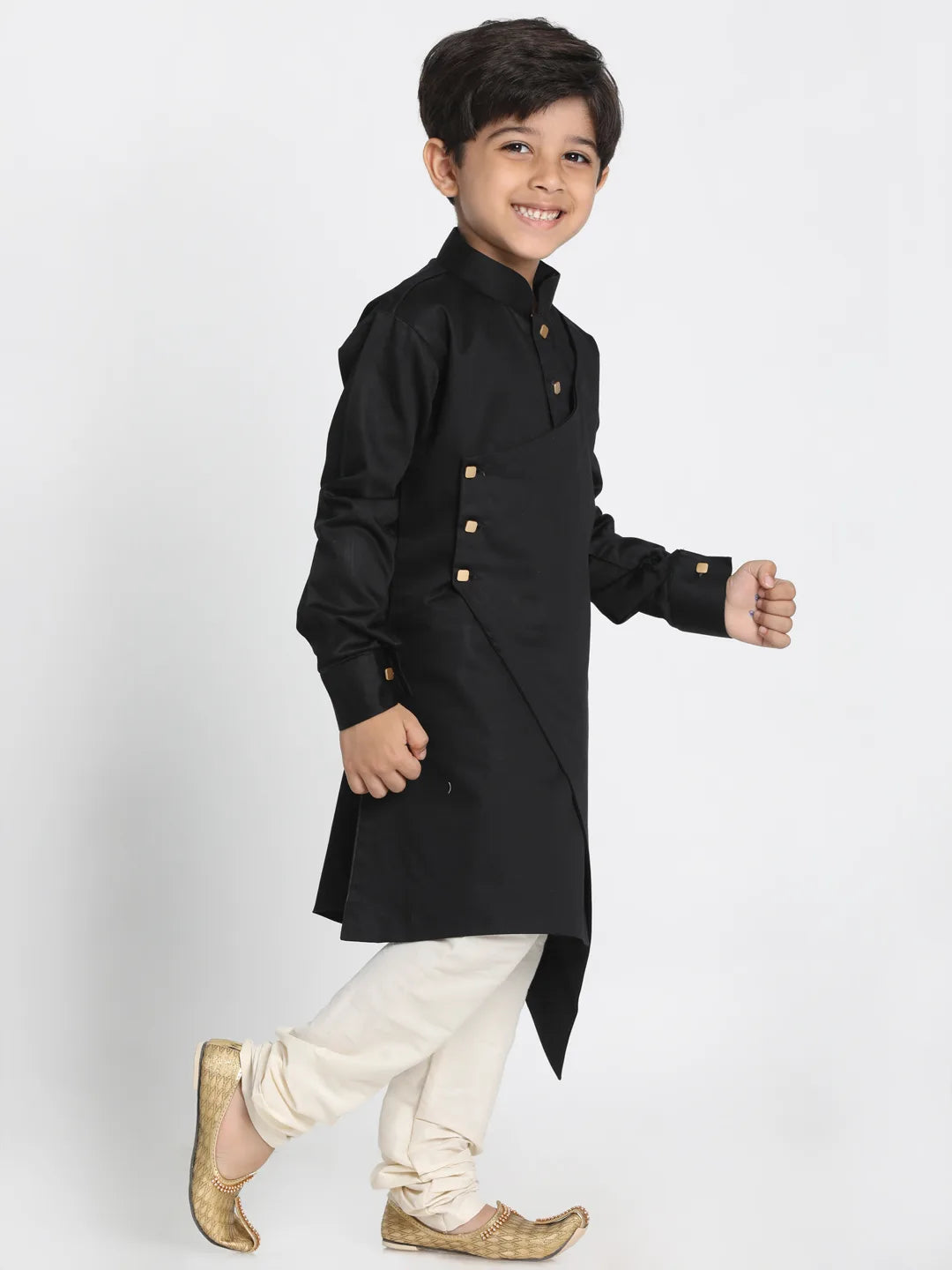 Boys' Black and Cream Cotton Satin Blend Kurta Pyjama Set