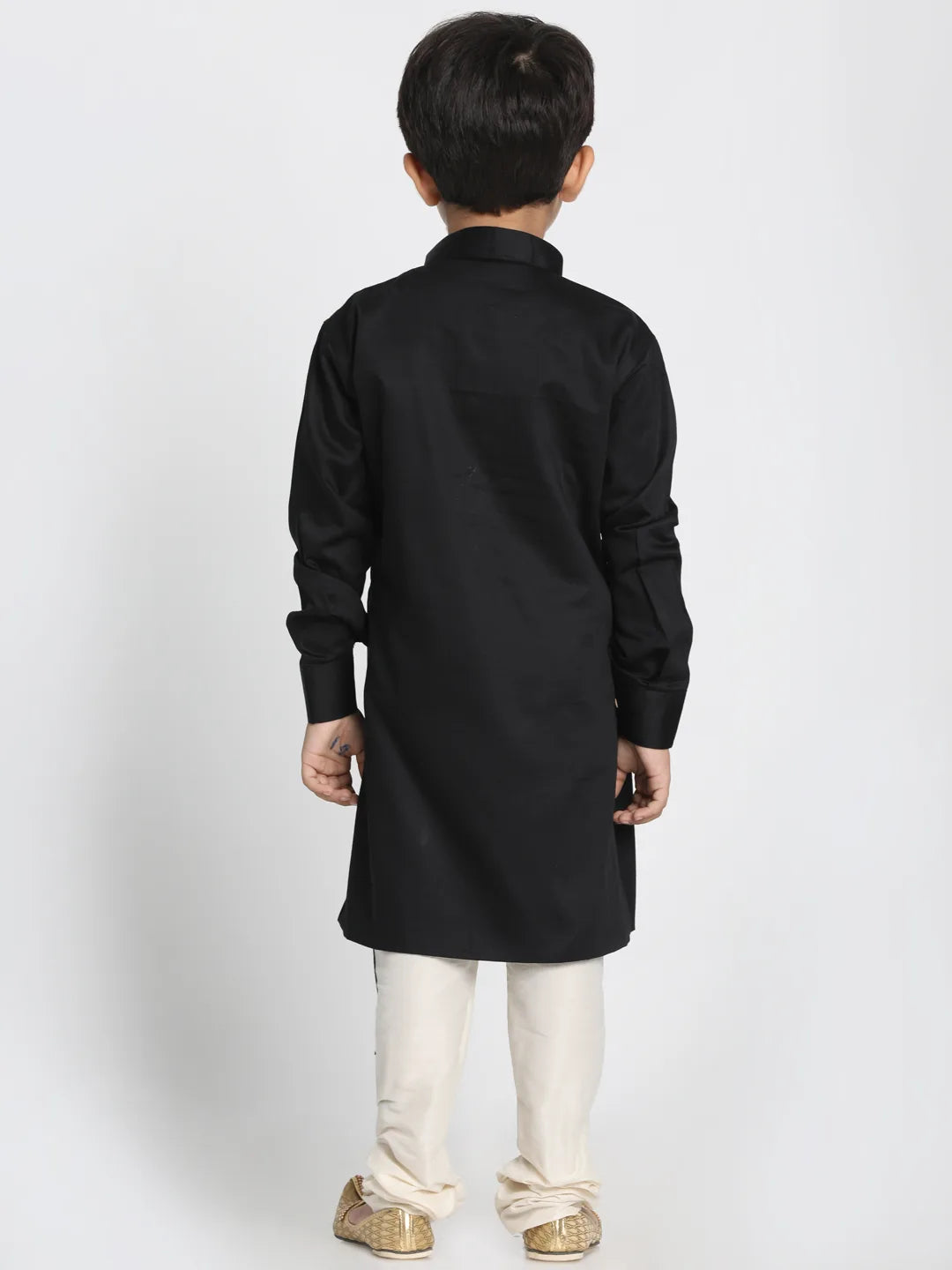 Boys' Black and Cream Cotton Satin Blend Kurta Pyjama Set