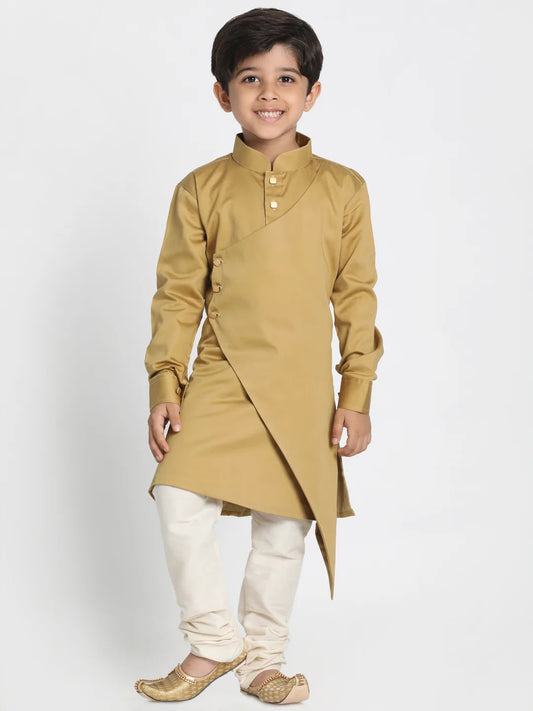 Boys' Chikoo and Cream Cotton Satin Blend Kurta Pyjama Set