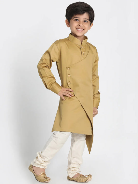 Boys' Chikoo and Cream Cotton Satin Blend Kurta Pyjama Set