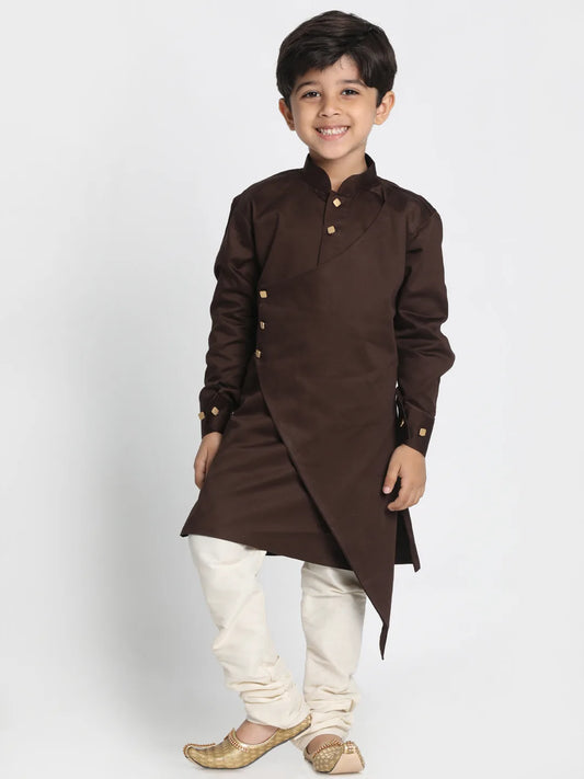 Boys' Coffee and Cream Cotton Satin Blend Kurta Pyjama Set