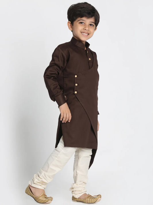 Boys' Coffee and Cream Cotton Satin Blend Kurta Pyjama Set