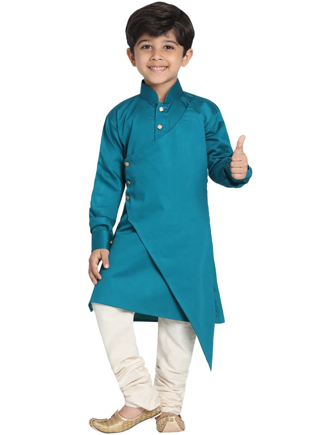 Boys' Rama and Cream Cotton Satin Blend Kurta Pyjama Set