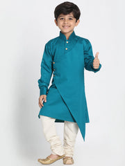 Boys' Rama and Cream Cotton Satin Blend Kurta Pyjama Set