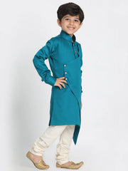 Boys' Rama and Cream Cotton Satin Blend Kurta Pyjama Set