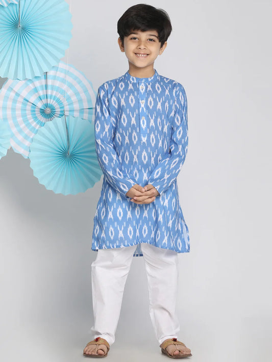 Boys' Aqua Blue And White Ikkat Kurta Pyjama Set