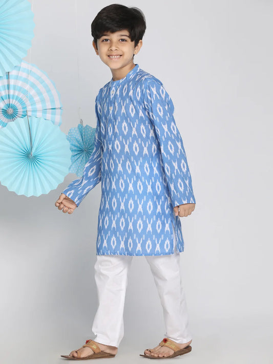 Boys' Aqua Blue And White Ikkat Kurta Pyjama Set