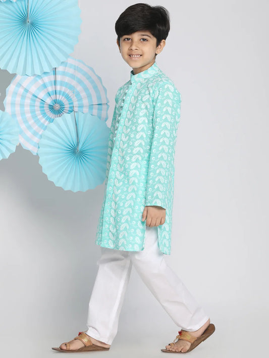 Boys' Green And White Kurta Pyjama Set