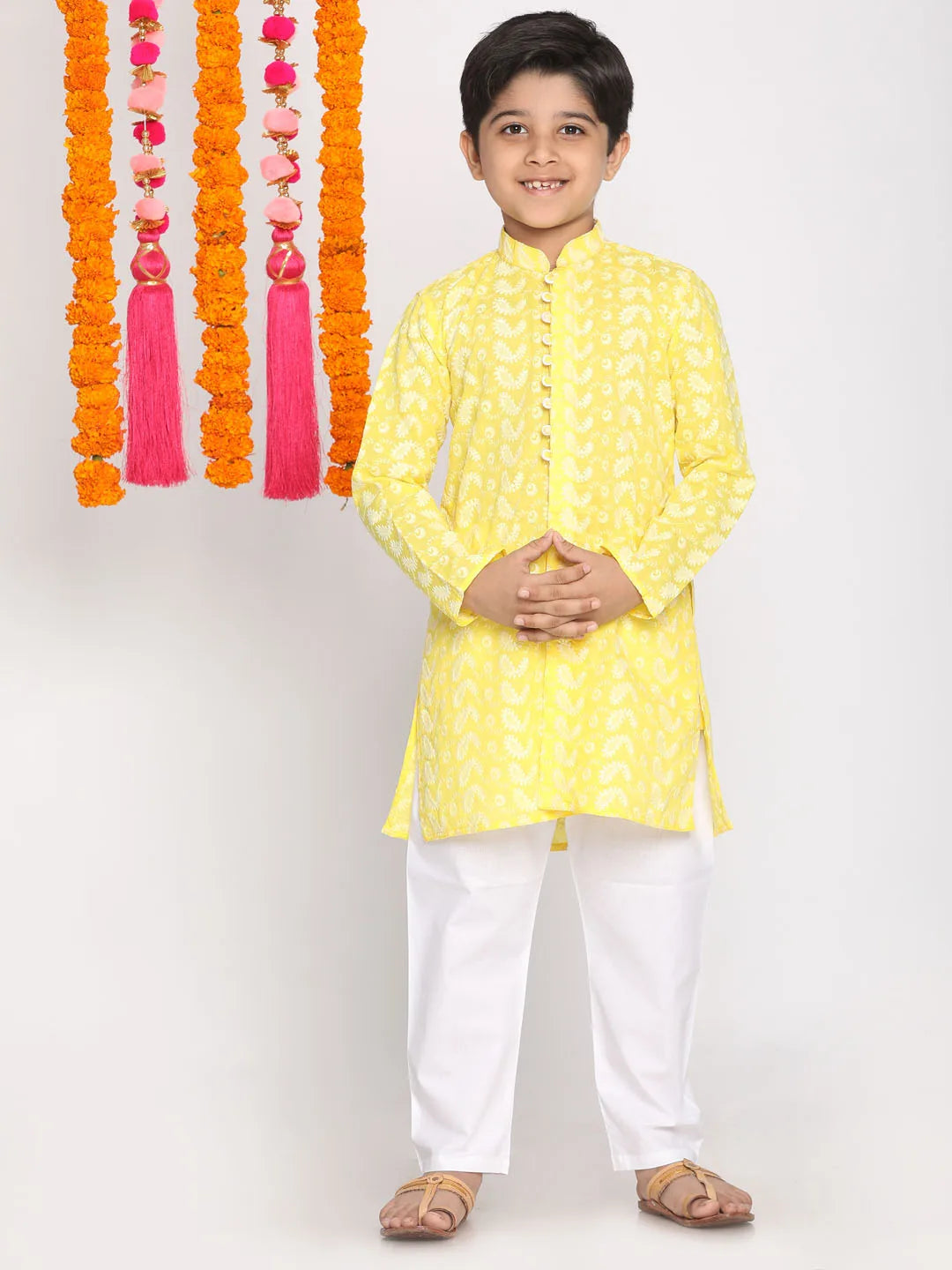 Boys' Mustard And White Kurta Pyjama Set