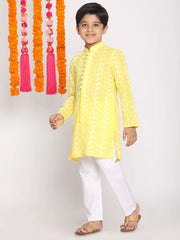 Boys' Mustard And White Kurta Pyjama Set