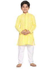 Boys' Mustard And White Kurta Pyjama Set