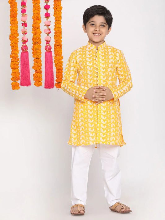 Boys' Orange And White Kurta Pyjama Set