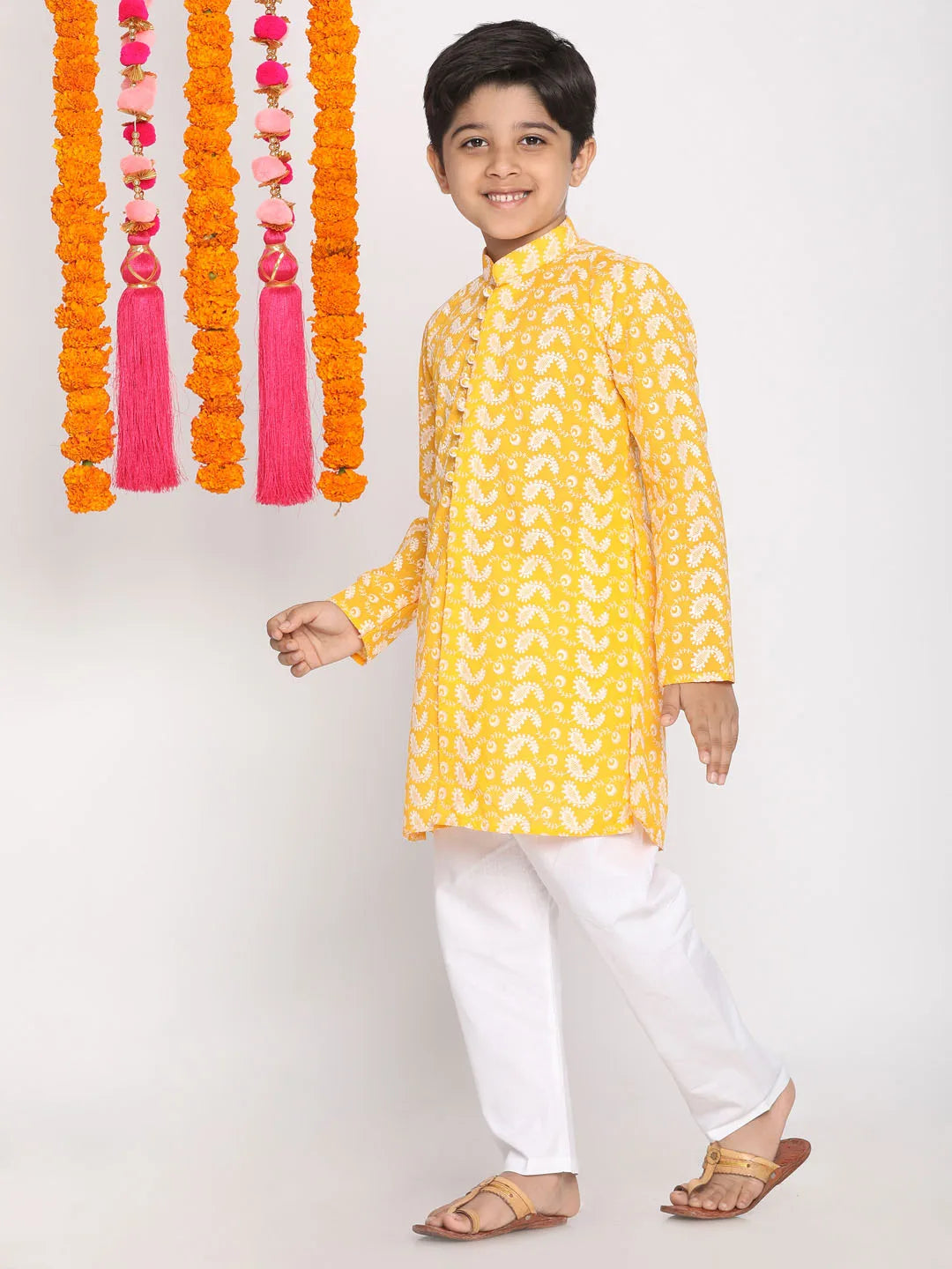 Boys' Orange And White Kurta Pyjama Set