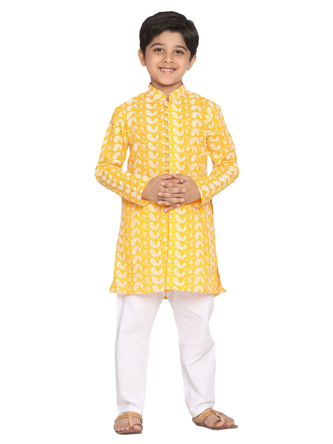 Boys' Orange And White Kurta Pyjama Set