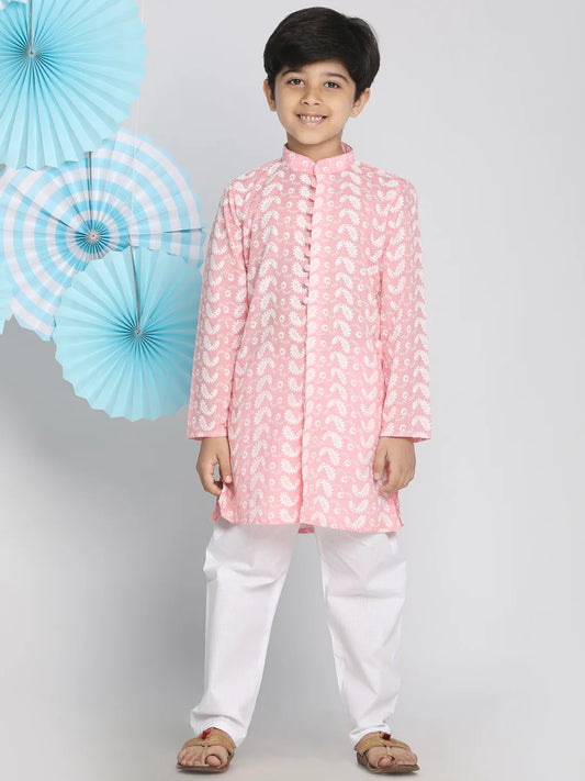 Boys' Pink And White Kurta Pyjama Set