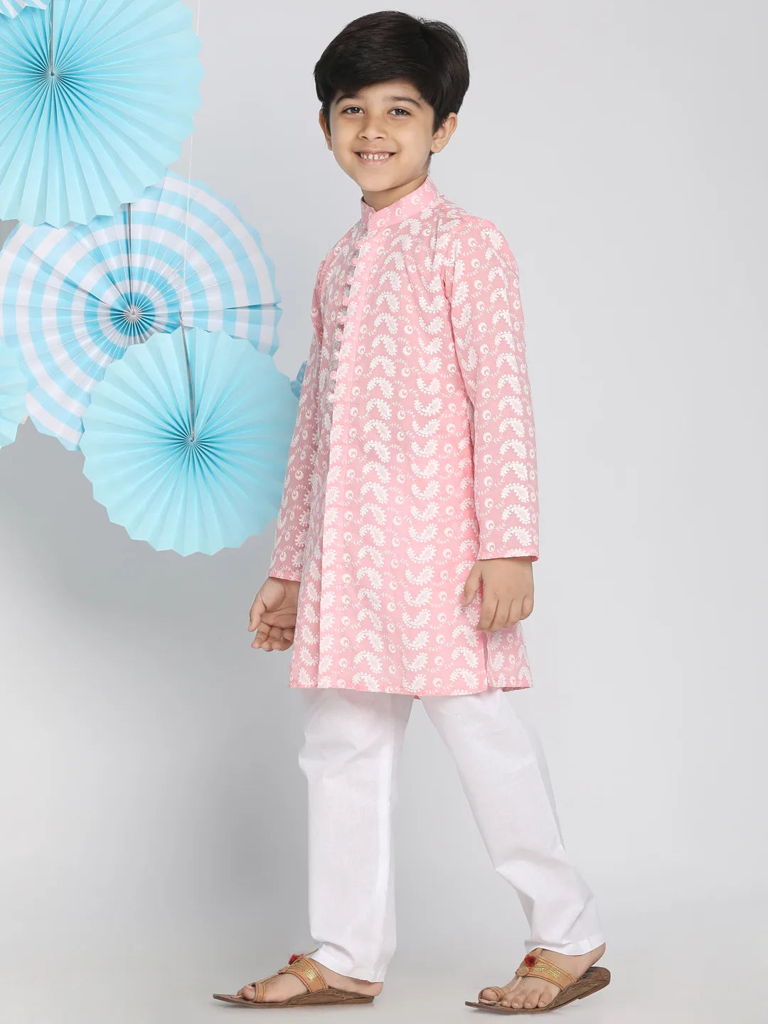 Boys' Pink And White Kurta Pyjama Set