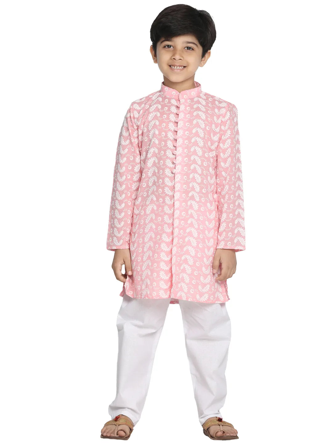 Boys' Pink And White Kurta Pyjama Set