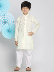 Boys' Yellow And White Kurta Pyjama Set