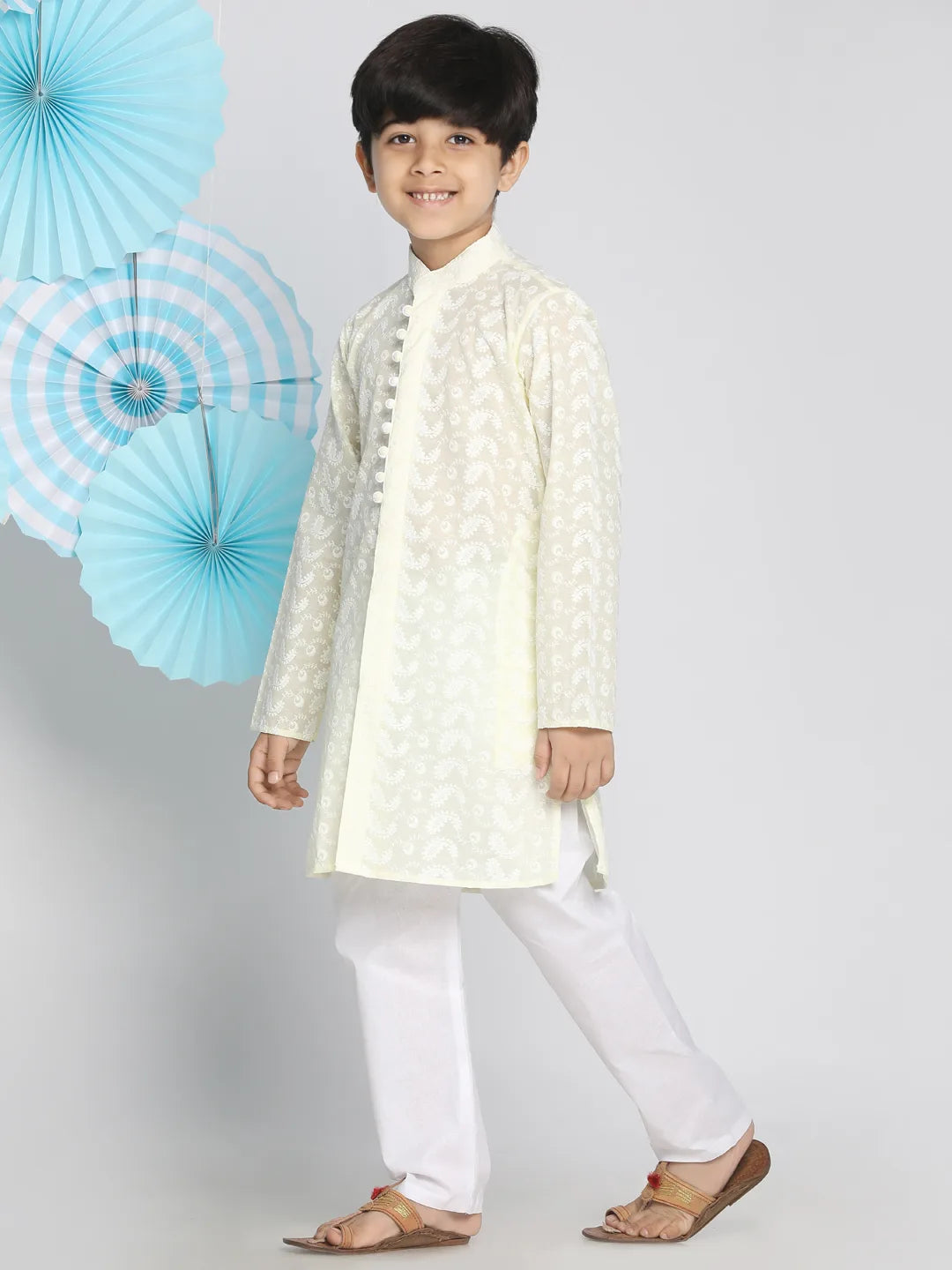 Boys' Yellow And White Kurta Pyjama Set