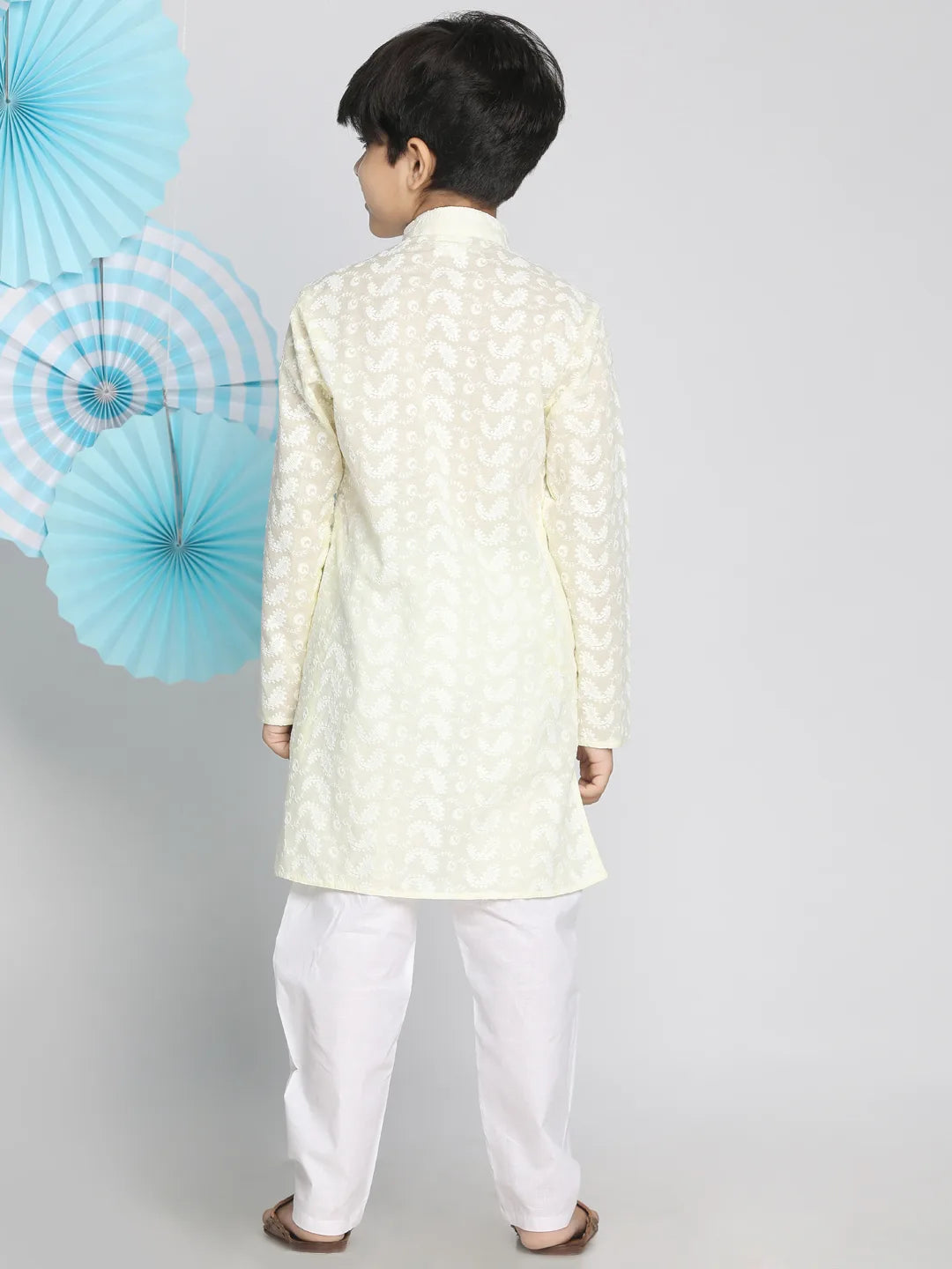 Boys' Yellow And White Kurta Pyjama Set