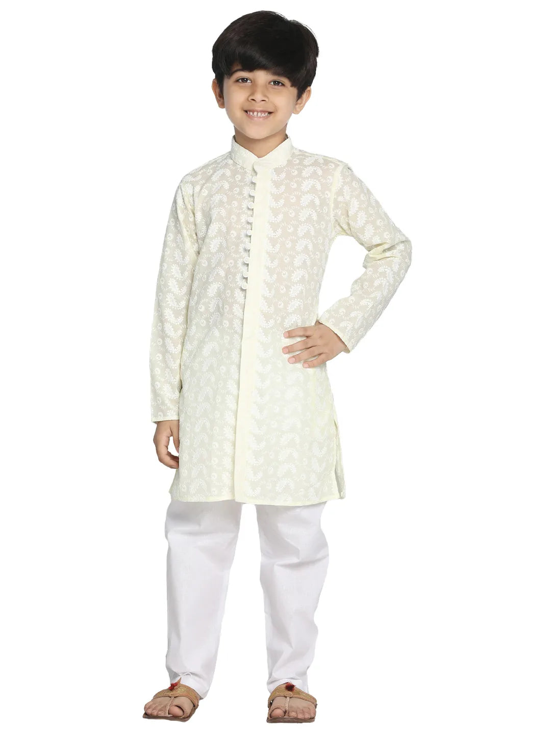 Boys' Yellow And White Kurta Pyjama Set