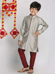 Boys' Beige,Grey And Maroon Kurta Pyjama Set