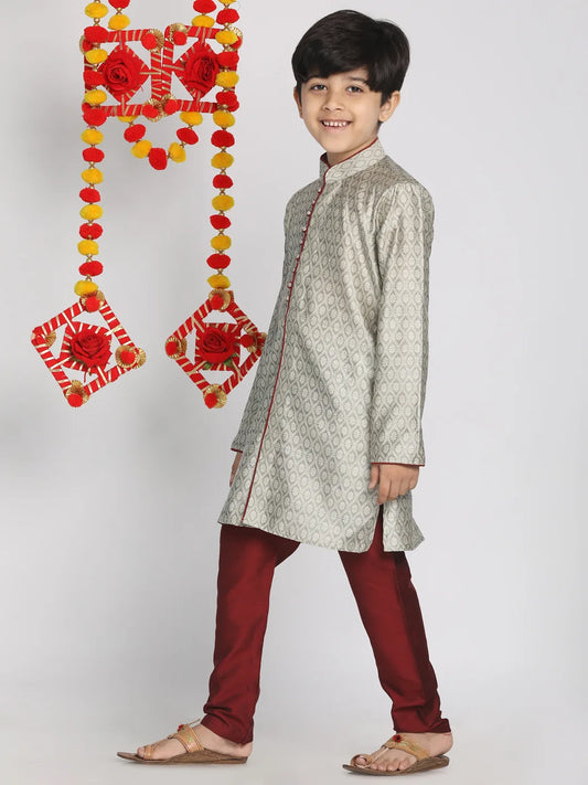 Boys' Beige,Grey And Maroon Kurta Pyjama Set