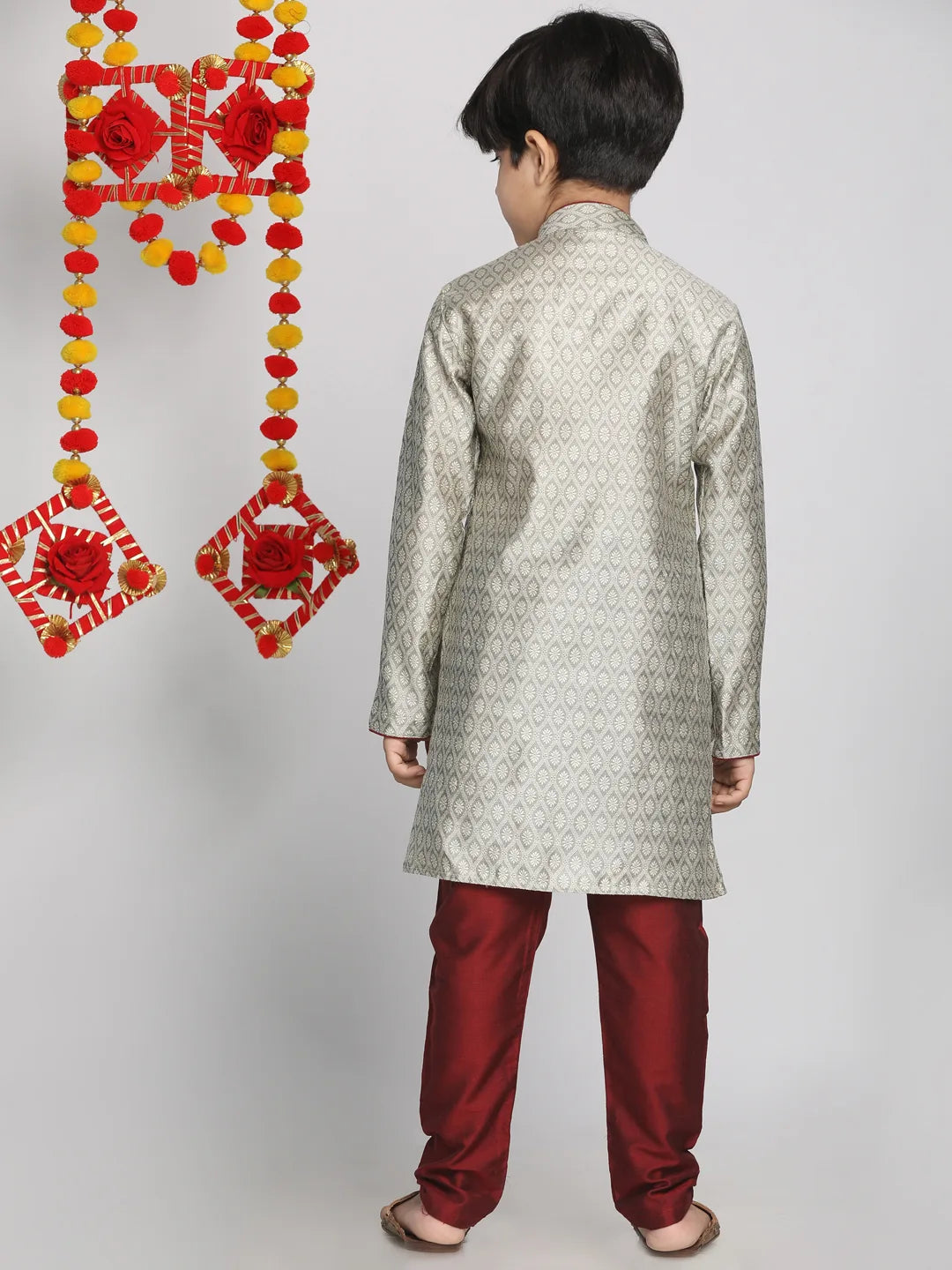 Boys' Beige,Grey And Maroon Kurta Pyjama Set