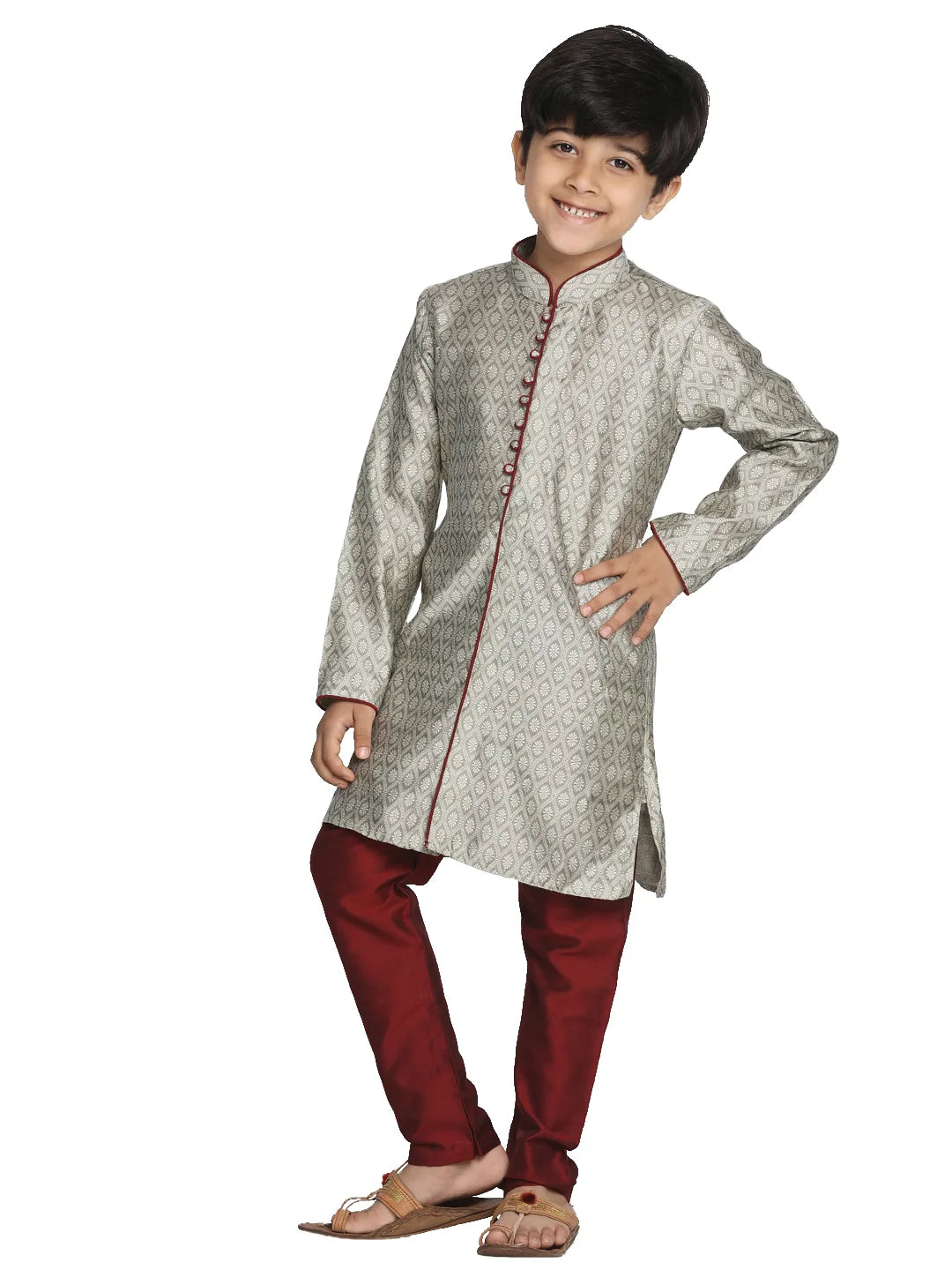 Boys' Beige,Grey And Maroon Kurta Pyjama Set