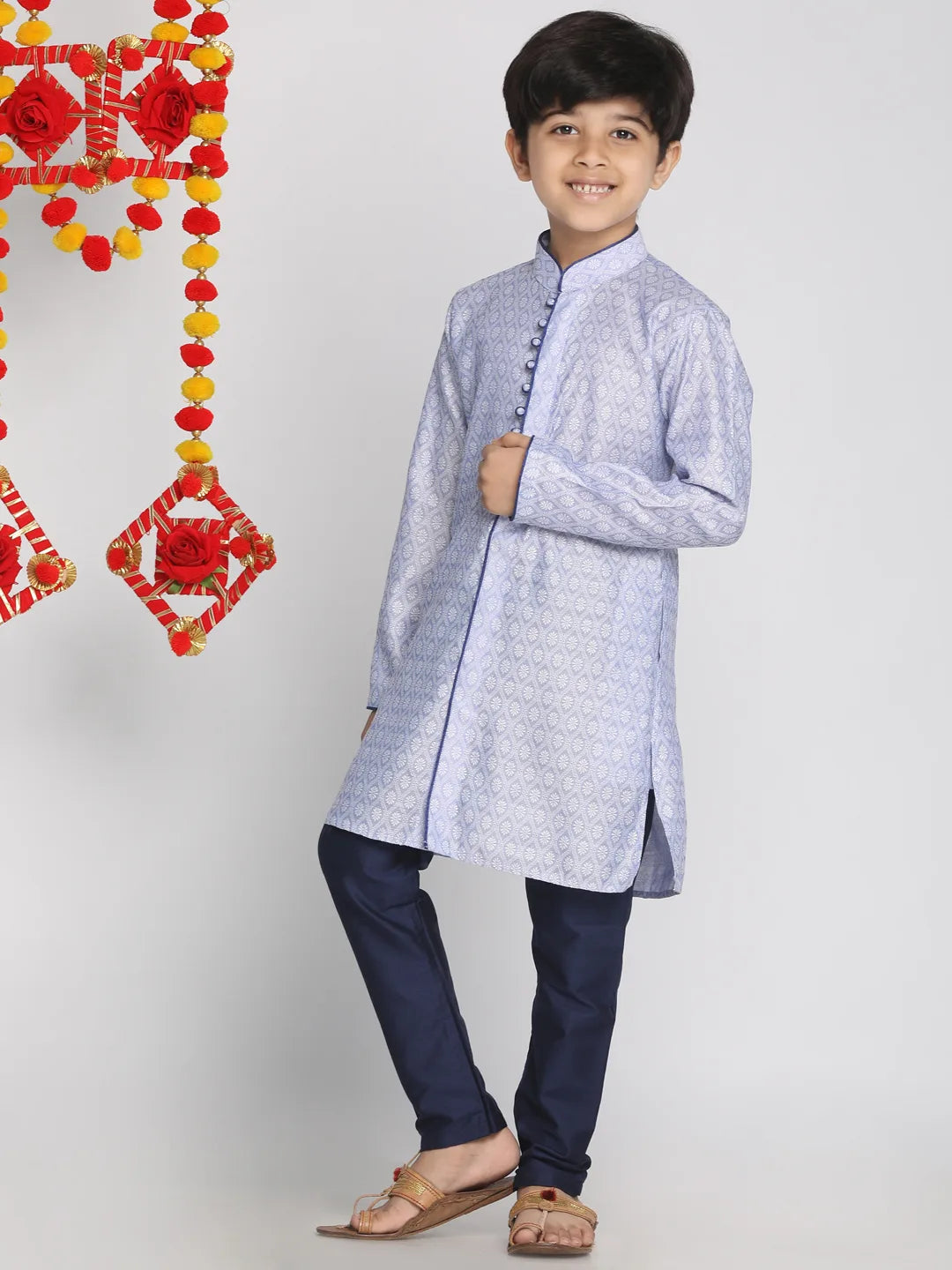 Boys' Lavender And Navy Blue Kurta Pyjama Set