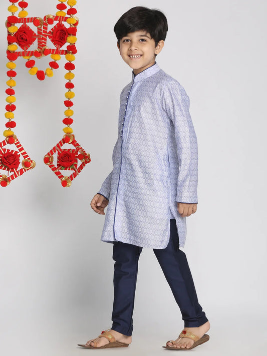 Boys' Lavender And Navy Blue Kurta Pyjama Set