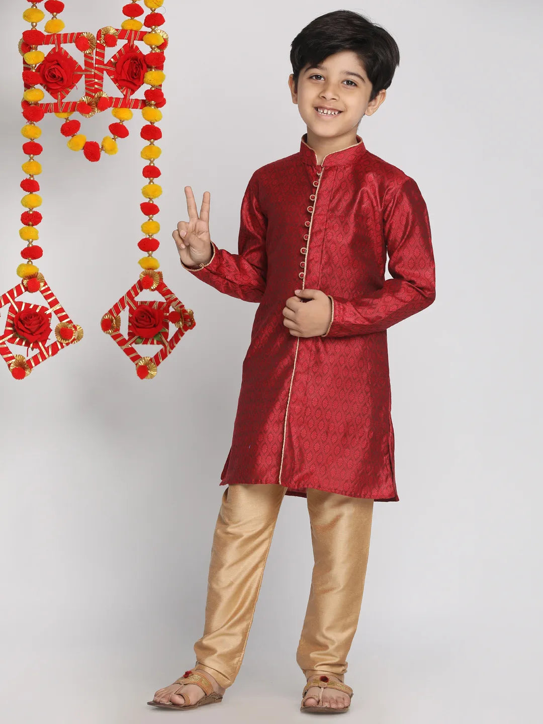 Boys' Maroon And Rose Gold Kurta Pyjama Set