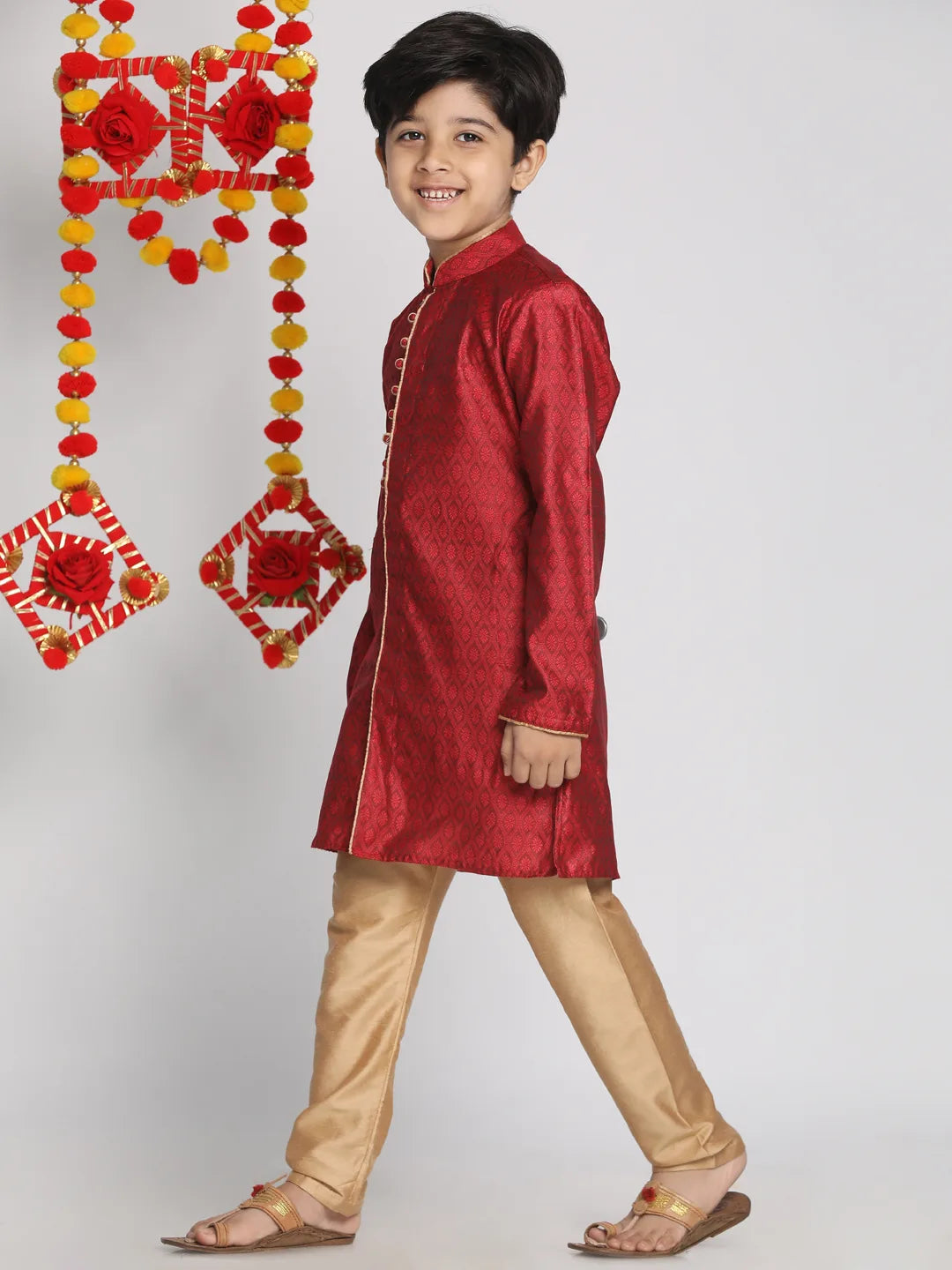 Boys' Maroon And Rose Gold Kurta Pyjama Set