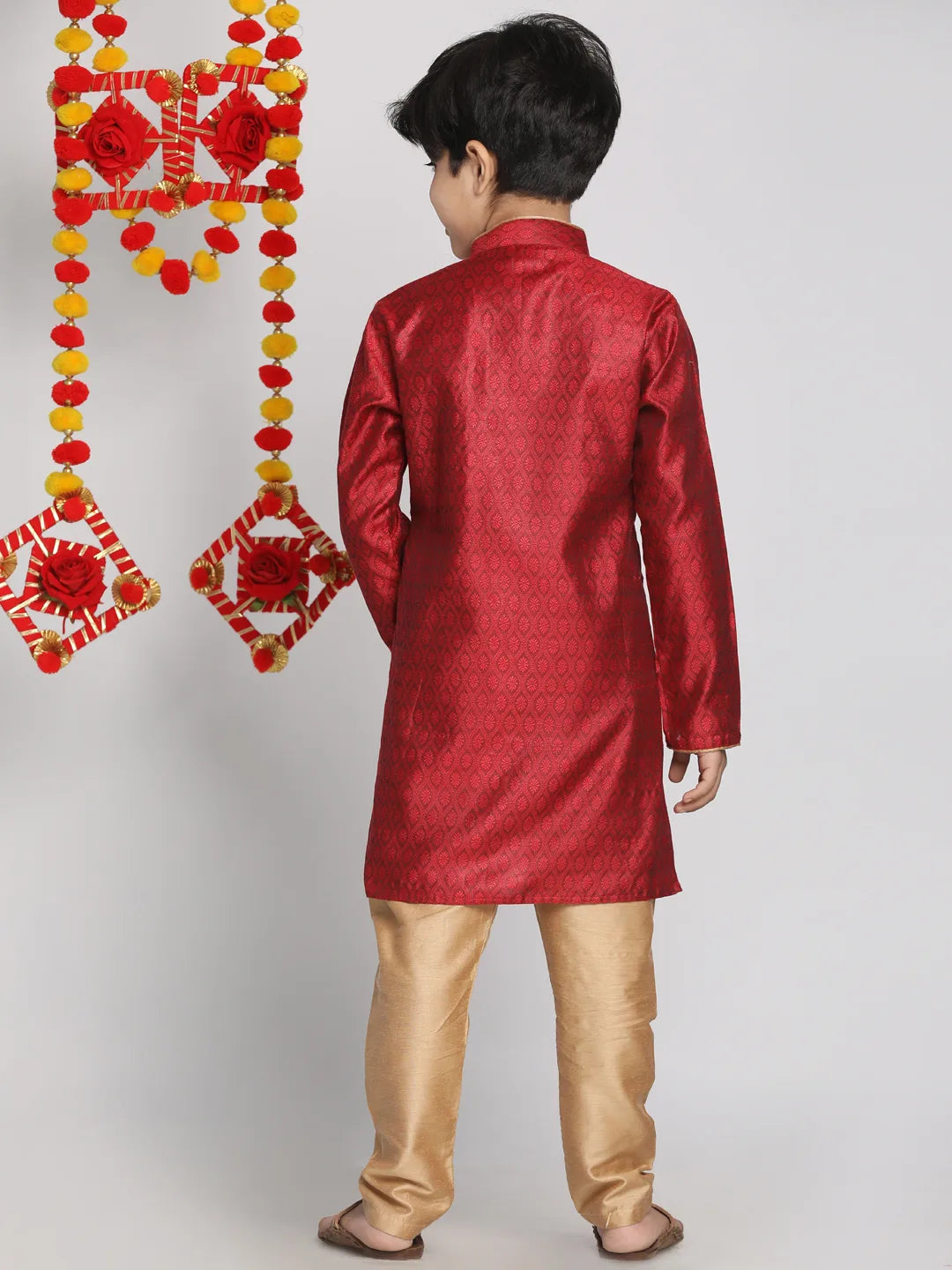 Boys' Maroon And Rose Gold Kurta Pyjama Set