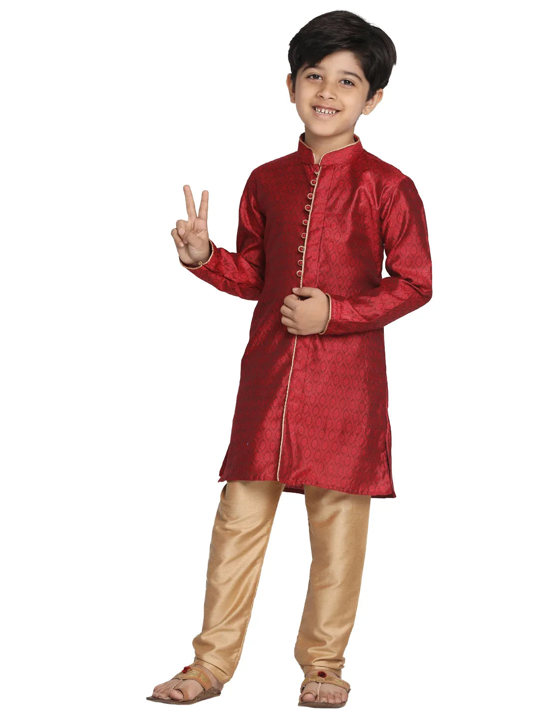 Boys' Maroon And Rose Gold Kurta Pyjama Set