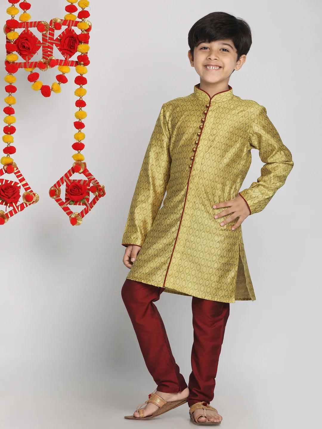 Boys' Mustard Yellow And Maroon Kurta Pyjama Set