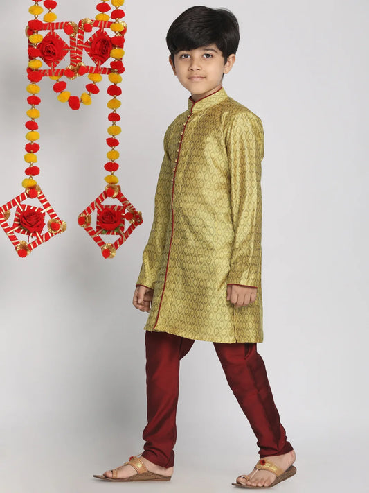 Boys' Mustard Yellow And Maroon Kurta Pyjama Set