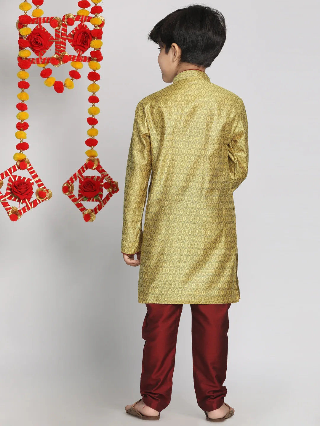 Boys' Mustard Yellow And Maroon Kurta Pyjama Set