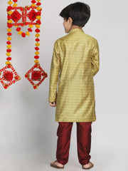 Boys' Mustard Yellow And Maroon Kurta Pyjama Set