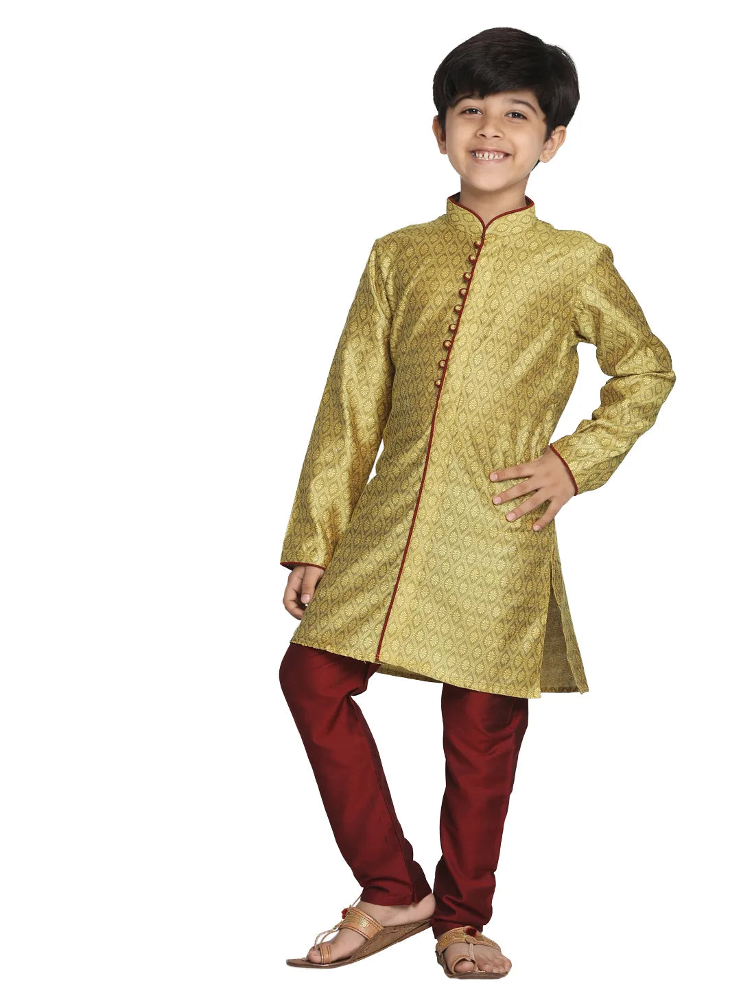 Boys' Mustard Yellow And Maroon Kurta Pyjama Set