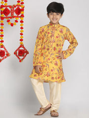 Boys' Multicolor-Base-Mustard And Cream Kurta Pyjama Set