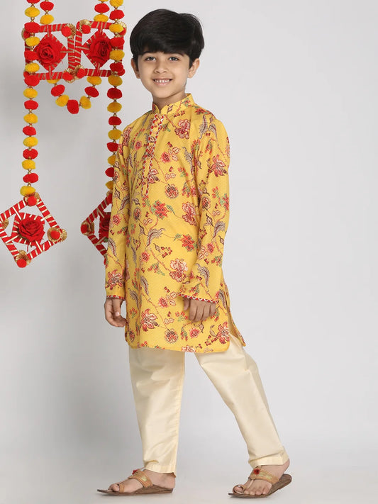 Boys' Multicolor-Base-Mustard And Cream Kurta Pyjama Set