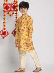 Boys' Multicolor-Base-Mustard And Cream Kurta Pyjama Set