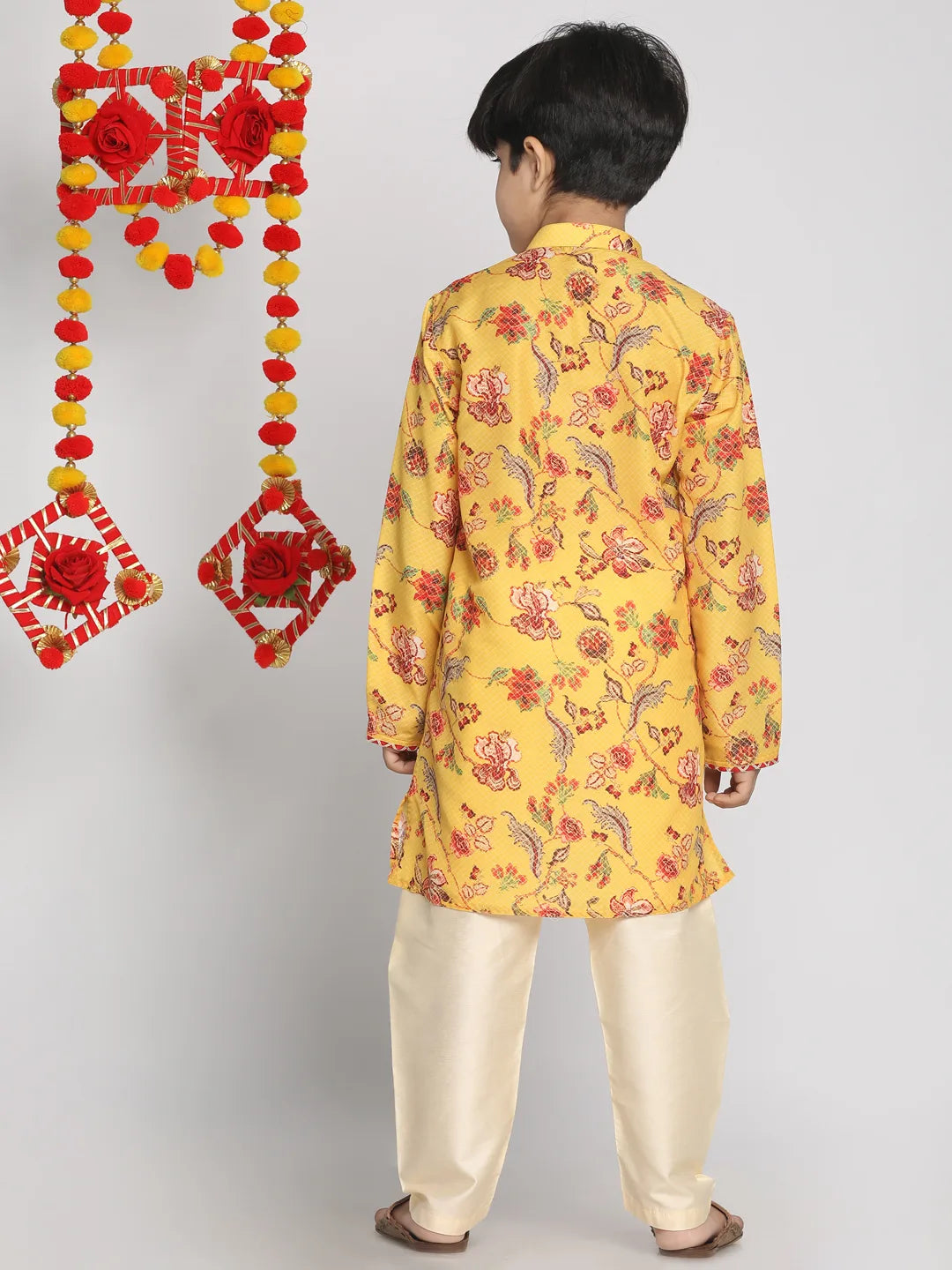 Boys' Multicolor-Base-Mustard And Cream Kurta Pyjama Set