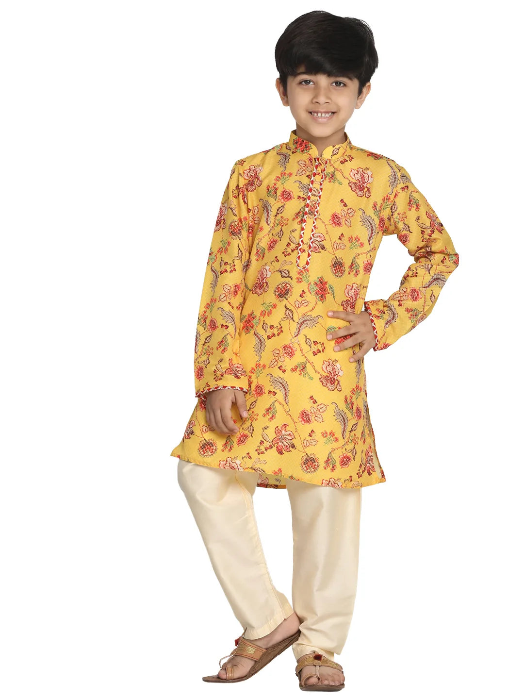 Boys' Multicolor-Base-Mustard And Cream Kurta Pyjama Set