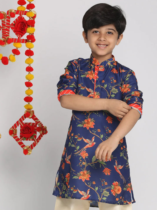 Vastramay - Boys' Multicolor-Base-Navy Blue And Cream Kurta