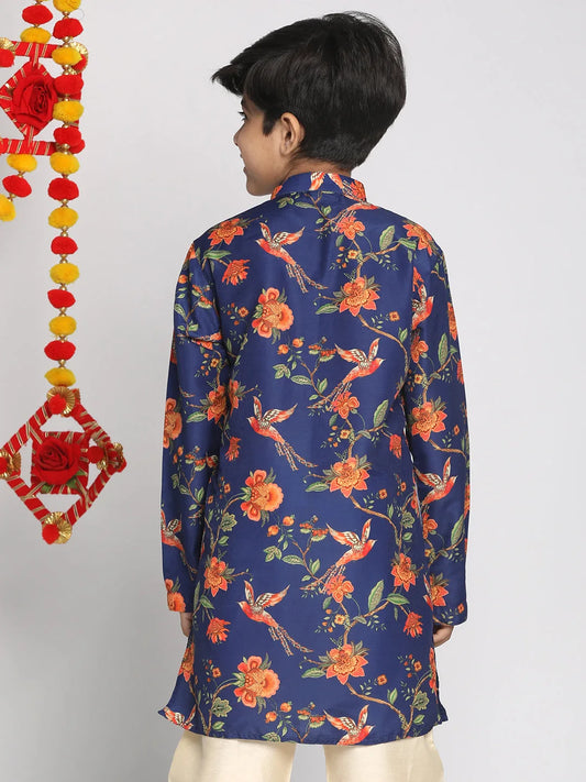 Vastramay - Boys' Multicolor-Base-Navy Blue And Cream Kurta