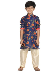 Vastramay - Boys' Multicolor-Base-Navy Blue And Cream Kurta Pyjama Set