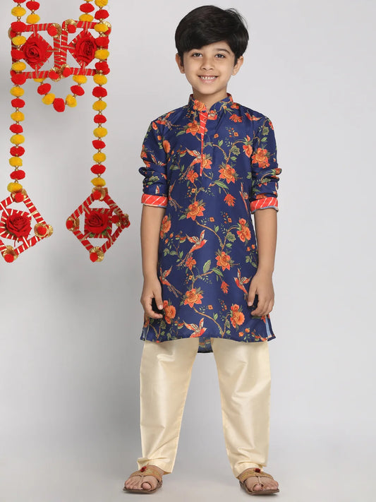 Boys' Multicolor-Base-Navy Blue And Cream Kurta Pyjama Set