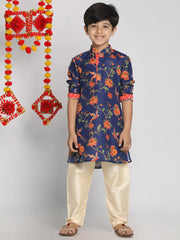 Vastramay - Boys' Multicolor-Base-Navy Blue And Cream Kurta Pyjama Set